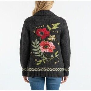 Lost Horizons Nepal Cardigan Sweater Women Medium Wool Hand Knitted Floral